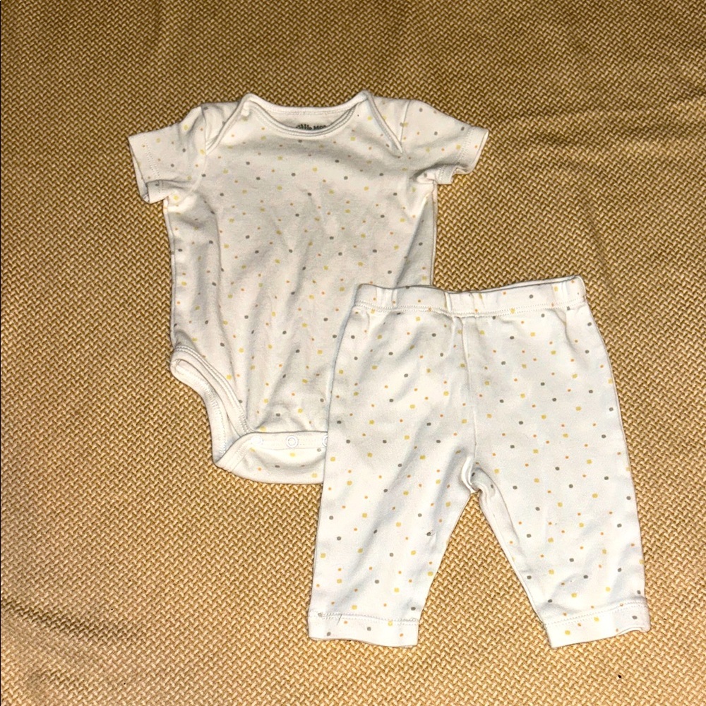 Little Me White Baby Outfit with Gold,grey, and orange Dots